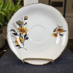Mid-Century Modern China Saucer | Yellow Daisy & Gray Foliage | Vintage